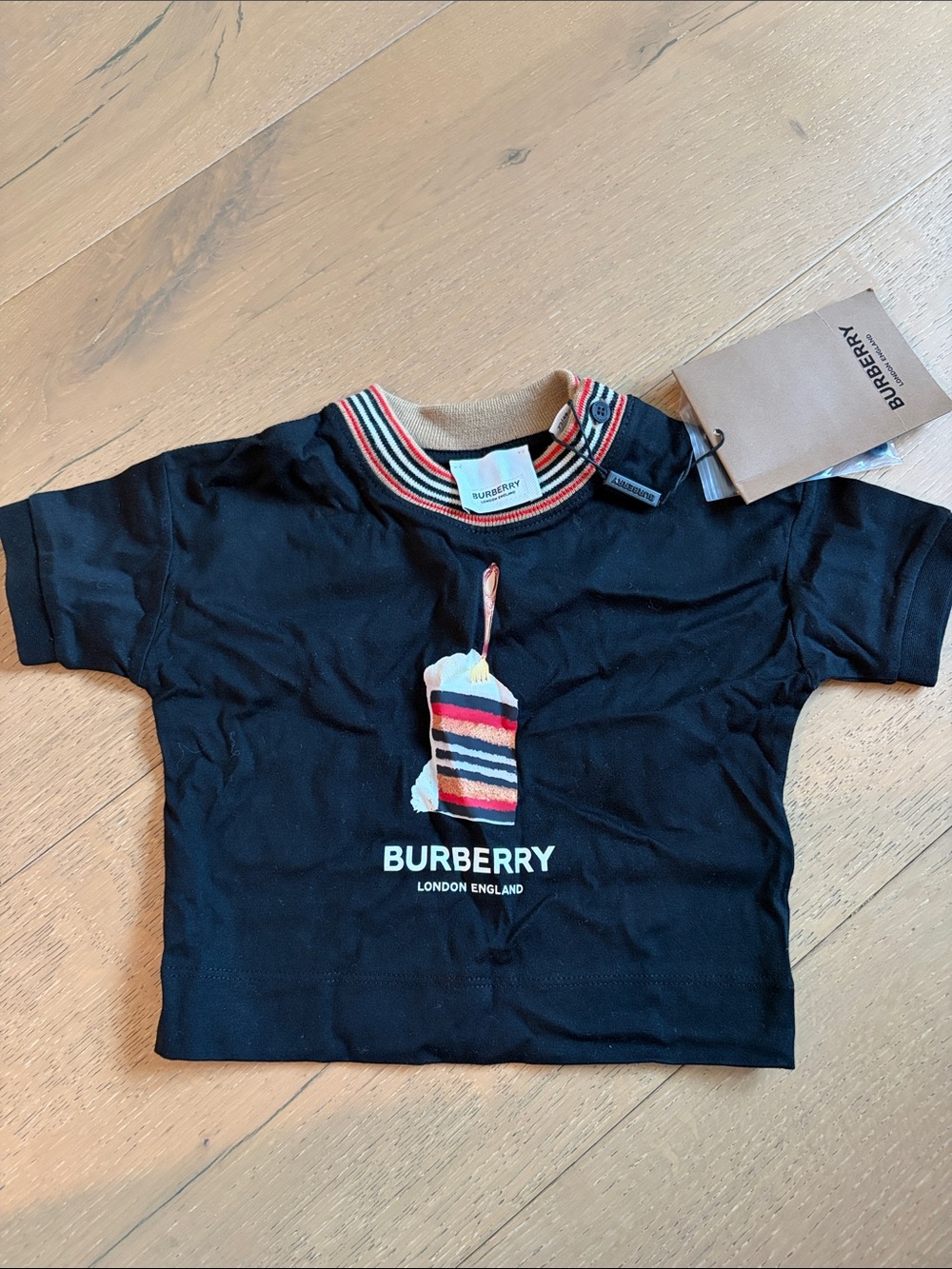 Burberry Black Kids Tee with Multicolor Stripe Graphic and Collar